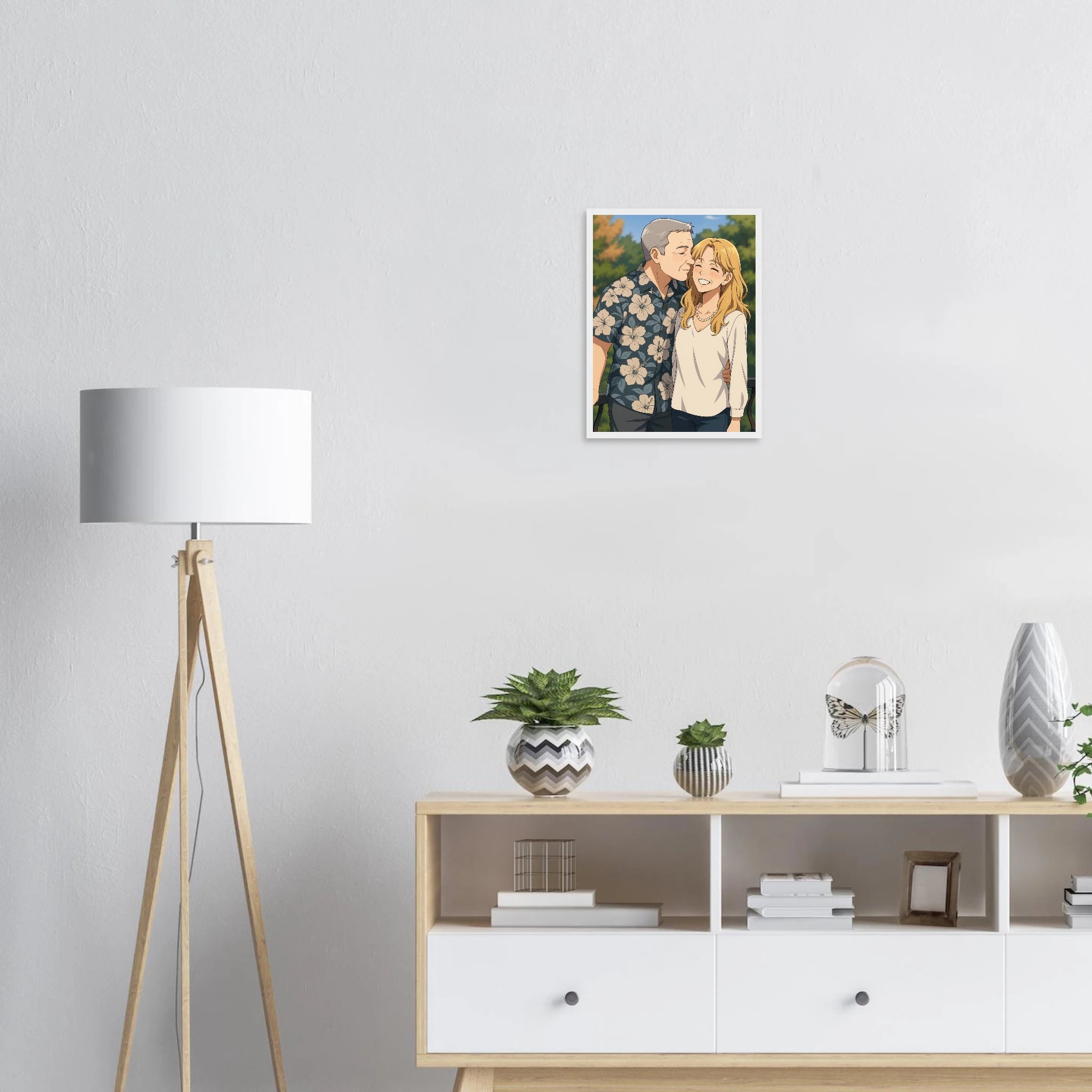 Anime-Pärchenposter mit weißem Holzrahmen – personalisierte Wandkunst für moderne Einrichtung