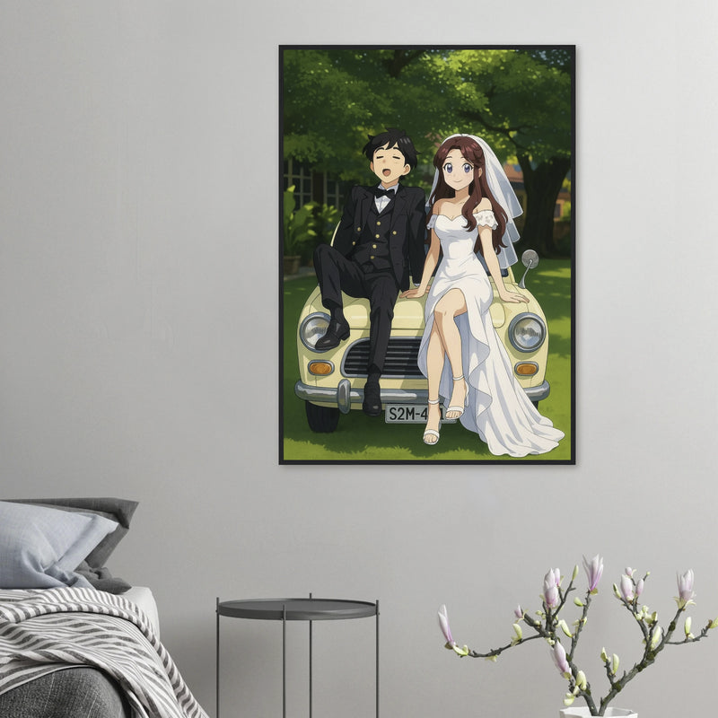 Vorher-Nachher-Vergleich: Original Hochzeitsfoto als Anime-Poster im Ghibli-Stil – perfektes, personalisiertes Wandbild.