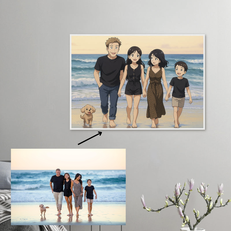 Vorher-Nachher: Familienfoto am Strand verwandelt in personalisiertes Anime-Porträt mit Hund