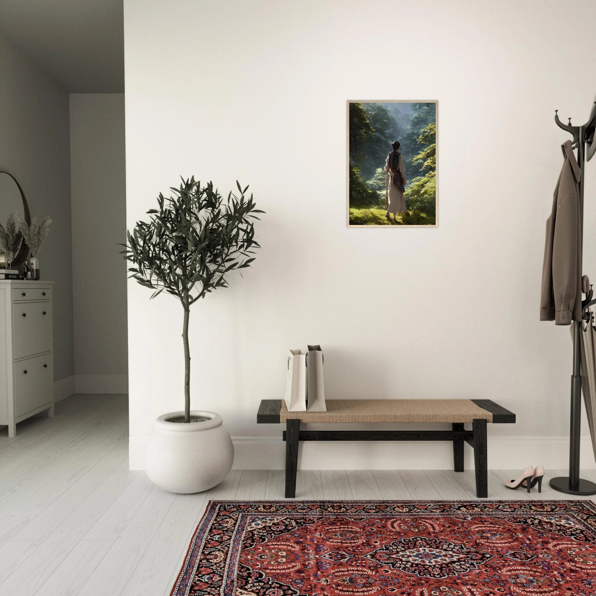 Anime-Wanderer Poster – stilvoll eingerahmt im minimalistischen Flur mit Perserteppich, Bank und Olivenbaum