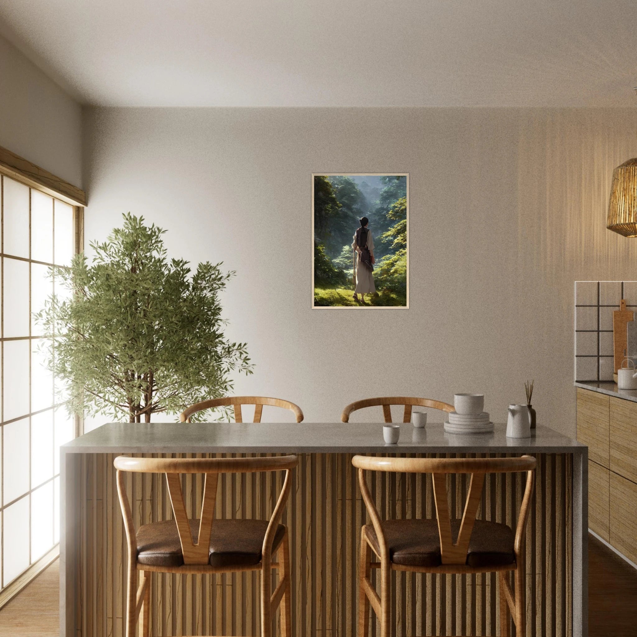 Anime-Wanderer Poster – stilvoll gerahmt über einer minimalistischen Holztheke im japanisch inspirierten Essbereich