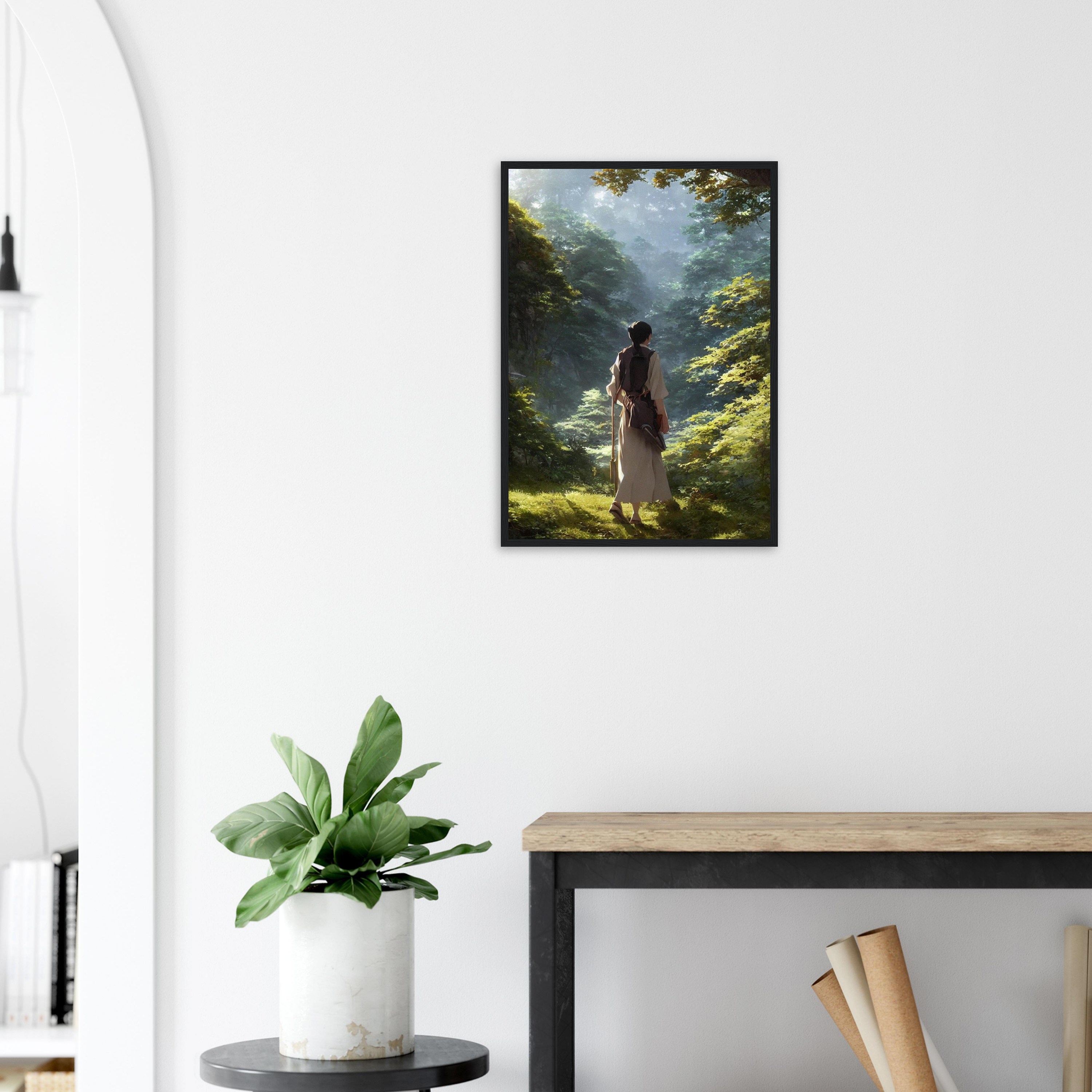 Anime Poster Der Wanderer mit schwarzem Rahmen in heller moderner Einrichtung mit PflanzeInterieur