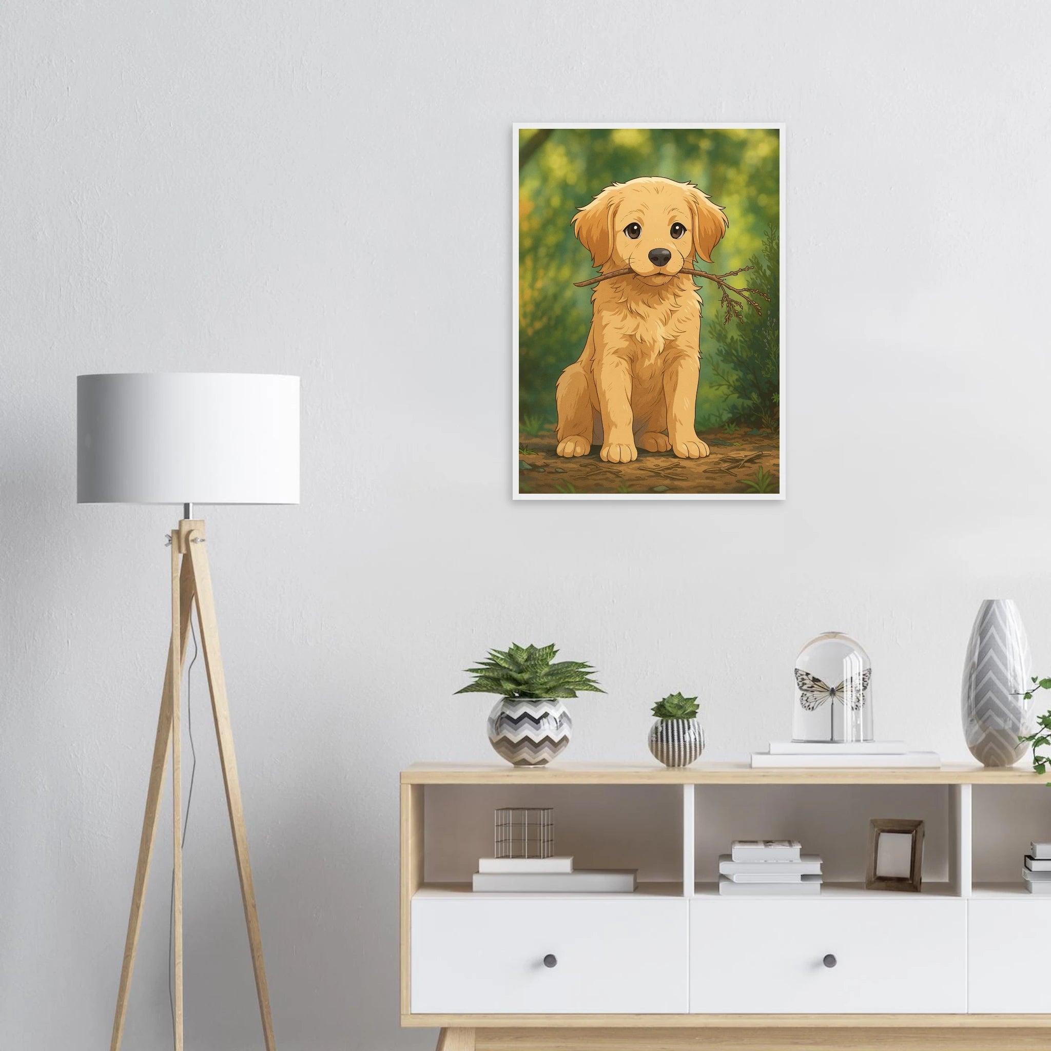 Süßer Hund im Anime-Stil mit weißem Holzrahmen – personalisiertes Poster als Wanddeko