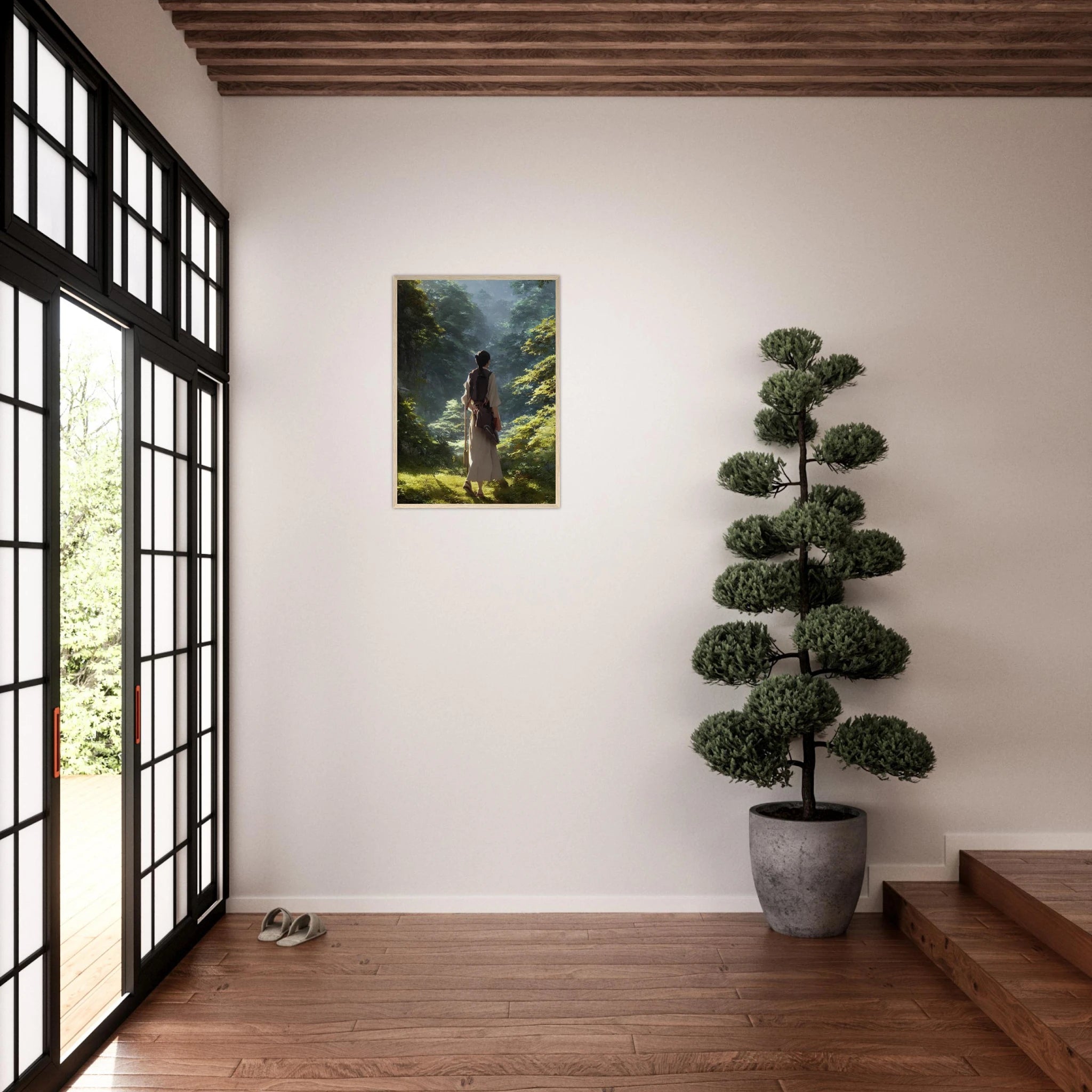 Anime-Wanderer im Wald – Poster in heller Zen-Innenraumkulisse mit Naturlicht
